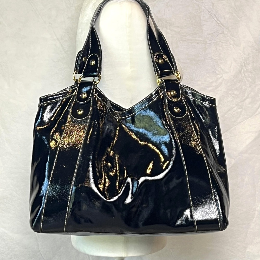 Maurizio Taiuti Shoulder Bag Womens Large Black‎ Patent Leather Gold Hardware